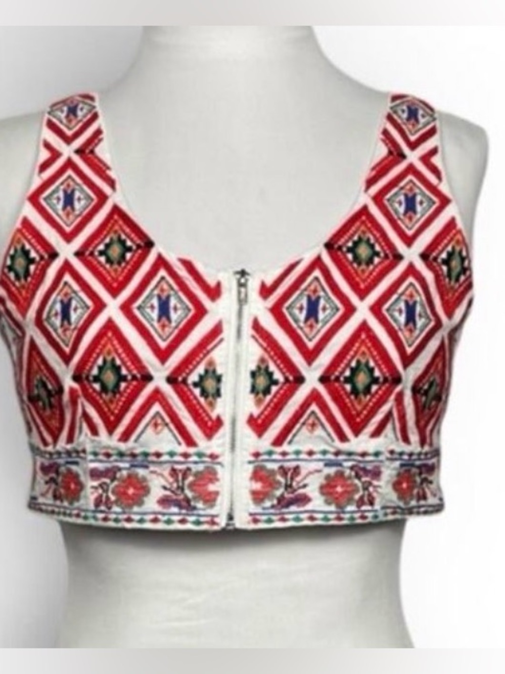 Urmoda front zip cropped top/vest w/a touch of Boho styling ,red white multi,M